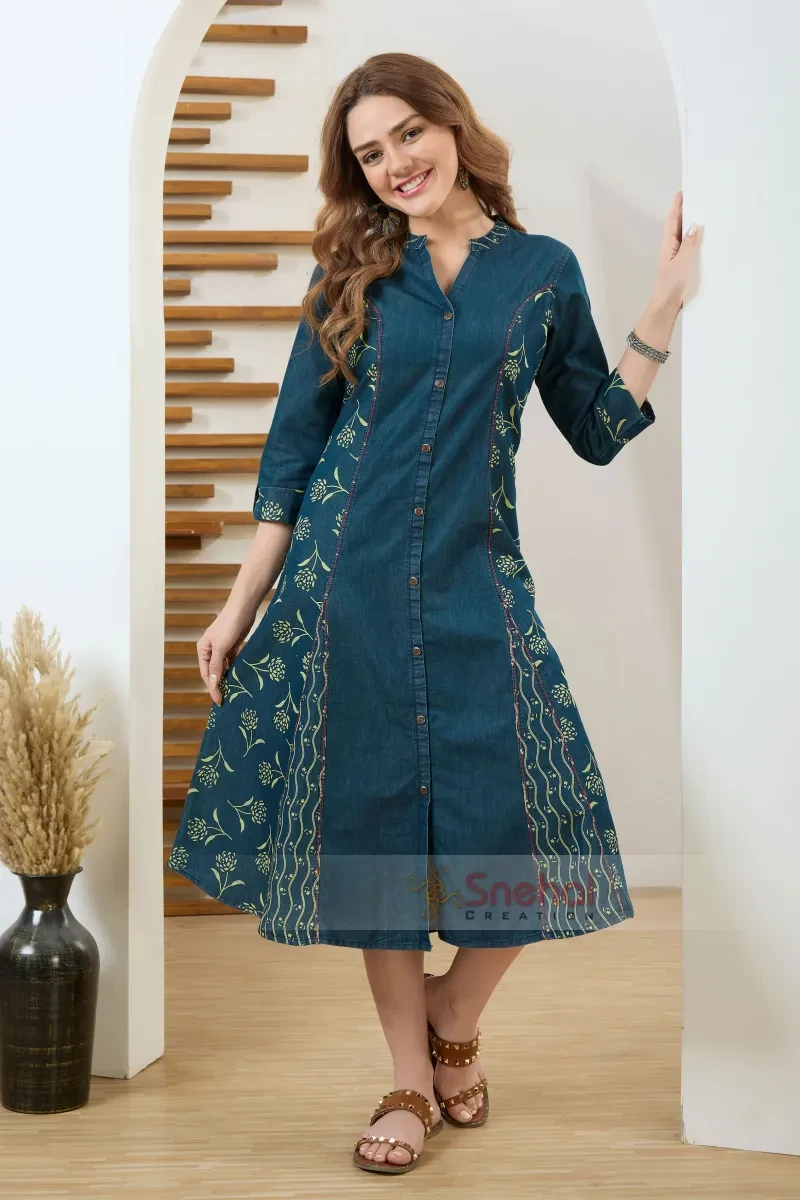 Denim Long Kurti Designer Exclusive Denim Green Wash Blue A Line Indo Western Dress